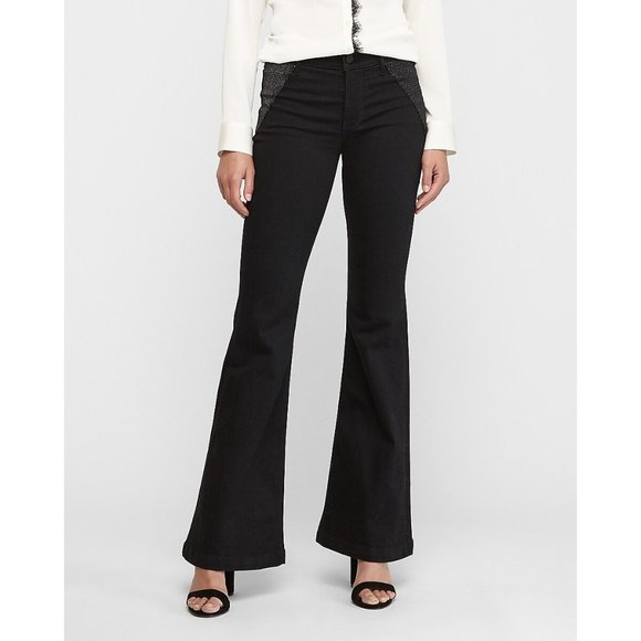 NWT Express Mid Rise Denim Perfect Black Sparkle Bell Flare Jeans 2R - Picture 1 of 4